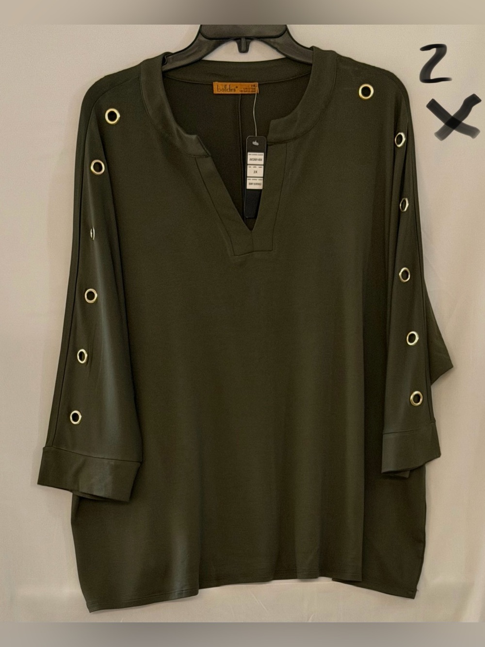 Belldini Olive Green Tunic with Gold Eyelet Sleeve Detail